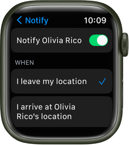 The Notify screen in the Find People app. “When I leave my location” is selected.