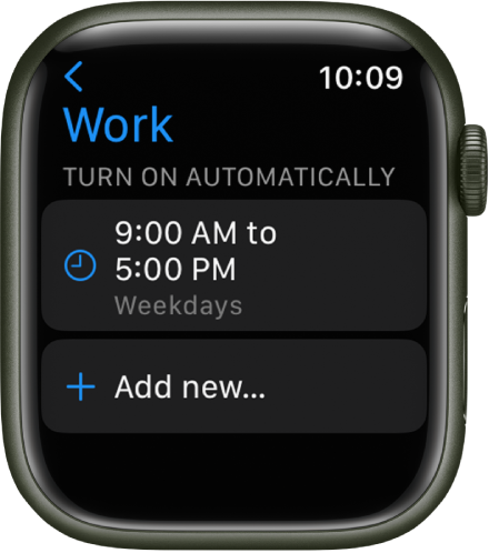 The Work Focus screen showing a schedule from 9 AM to 5 PM on weekdays. An Add new button is below.