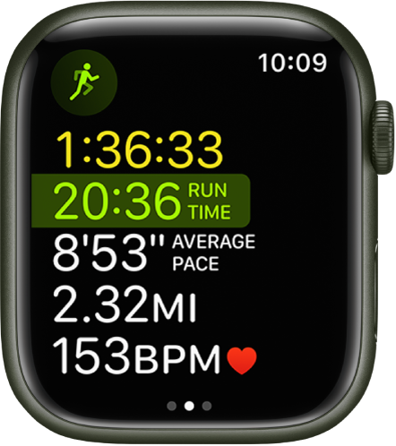 The Workout app showing a multisport workout in progress. The screen shows the total elapsed time, amount of time you’ve been running, average pace, distance, and heart rate.