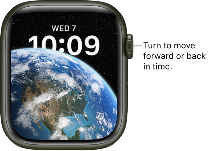 The Astronomy watch face, which displays the day, date, and current time. A timer complication is at the bottom. Turn the Digital Crown to move forward or back in time.