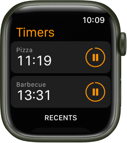 Two timers in the Timers app. A timer called “Pizza” is near the top. Below is a timer called “Barbecue.” Each timer shows the remaining time below the timer’s name and a pause button to the right. A Recents button is at the bottom of the screen.