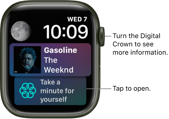 The Siri watch face showing the date and time at the top right. A Moon Phase complication is at the top left. Below is a Music complication showing the song that’s currently playing. At the bottom is the Mindfulness complication.