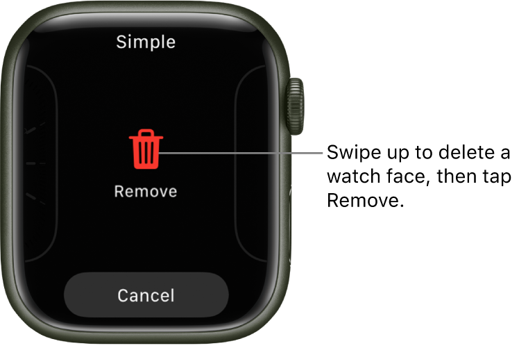 The Apple Watch screen showing Remove and Cancel buttons, which appear after you swipe to a watch face, then swipe up on it to delete it.