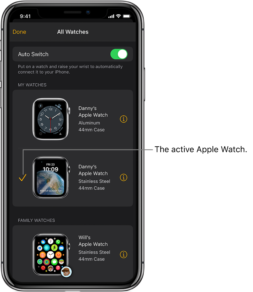 In the All Watches screen of the Apple Watch app, a checkmark shows the active Apple Watch.