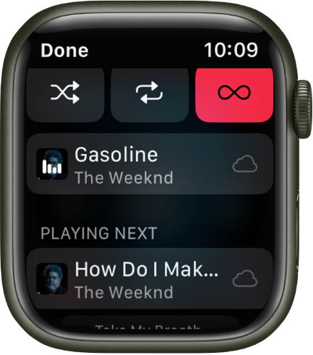 The tracklist window showing Shuffle, Repeat, and Auto Play buttons at the top, and one track directly below. Near the bottom, another track appears below Playing Next. A Done button is at the top left.