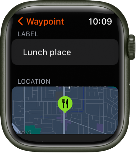 The Compass app showing a waypoint editing screen. The Label field is at the top. Below is a Location area that shows the location of the waypoint on a map. The dining symbol has been applied to the waypoint.