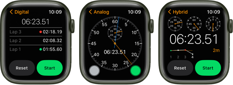 Three kinds of stopwatches in the Stopwatch app: A digital stopwatch with a lap counter, an analog stopwatch, and a hybrid stopwatch that shows time in both analog and digital forms. Each watch has start and reset buttons.