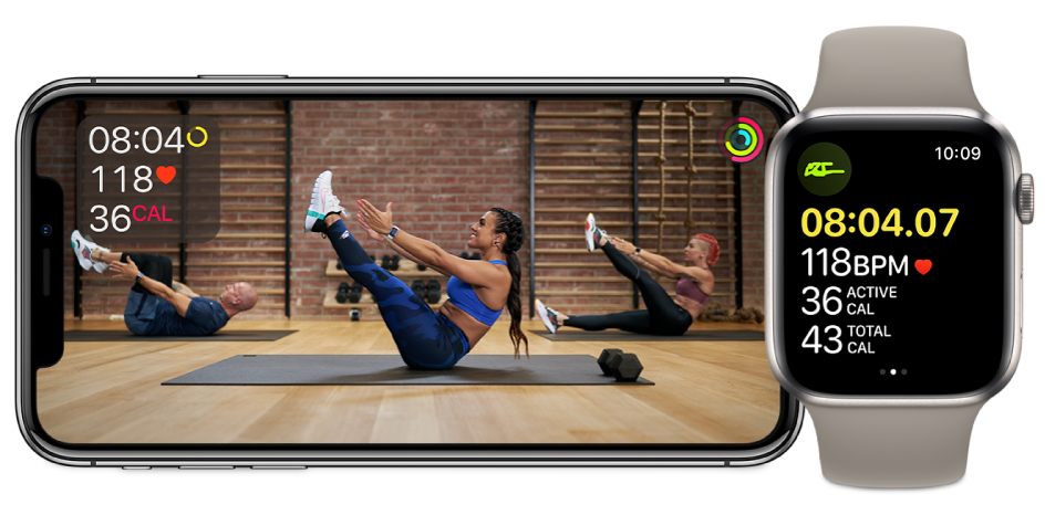 Fitness+ core workout on iPhone and Apple Watch, showing time remaining, heart rate, and calories burned.
