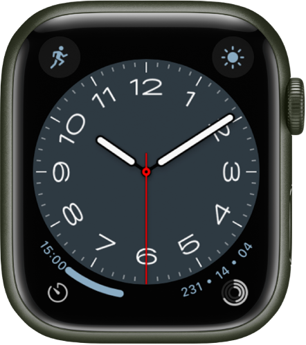 The Metropolitan watch face, where you can turn the Digital Crown to change the look of the type. It shows four complications—Workout at the top left, Weather Conditions at the top right, Timers at the bottom left, and Activity at the bottom right.