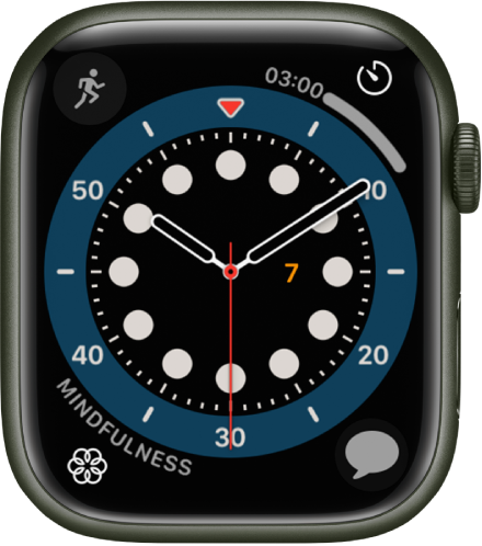 The Count Up watch face. It shows four complications: Workout Index at the top left, Timers at the top right, Mindfulness at the bottom left, and Messages at the bottom right.