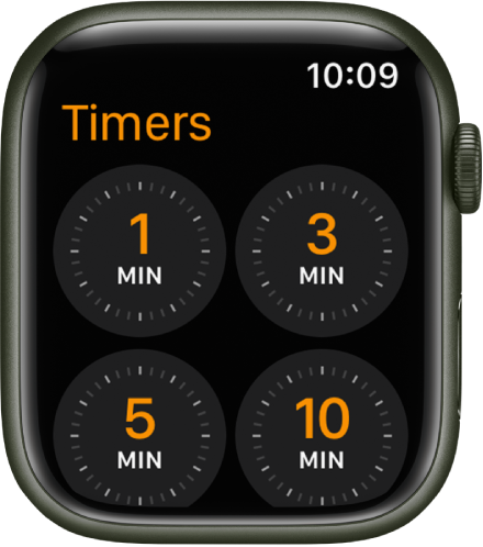 The Timer app screen, showing quick timers for 1, 3, 5, or 10 minutes.