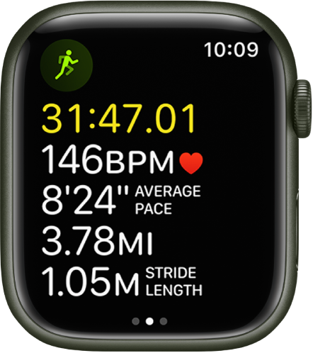 Analytics during a running workout show stride length at the bottom of the screen.