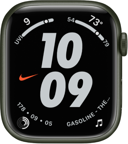 The Nike Hybrid watch face with large numerals showing the time in the middle. The UV Index complication is at the top left, theTemperature complication is at the top right, the Activity complication is at the bottom left, and the Music complication is at the bottom right.