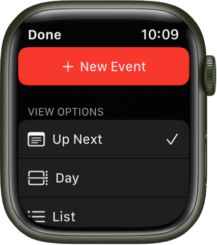 Calendar screen showing a New Event button at the top and three view options below—Up Next, Day, and List.