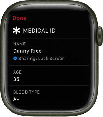 The Medical ID screen on Apple Watch showing the user’s name, age, and blood type. A checkmark is below the name, indicating that Medical ID is being shared on the lock screen. A Done button is at the top left.