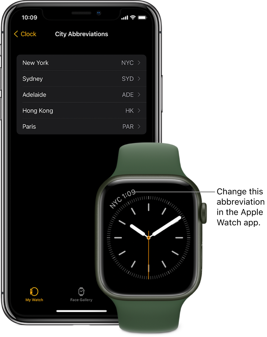 An iPhone and Apple Watch, side by side. The Apple Watch screen shows the time in New York City, using the abbreviation NYC. The iPhone screen shows the list of cities in City Abbreviations settings, in Clock settings in the Apple Watch app.
