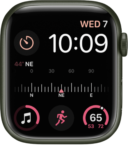 The Modular watch face, where you can adjust the color of the watch face. It shows the time near the top, the Timers complication at the top left, the Compass Heading complication in the middle, and the Music complication on the bottom.