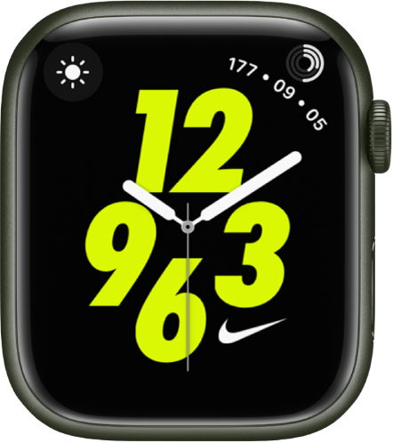 The Nike Analog watch face with the Weather Conditions complication at the top left and the Activity complication at the top right. In the center is an analog watch face.
