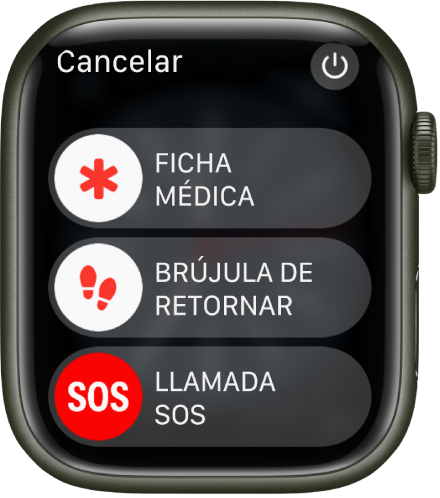 La pantalla del Apple Watch mostrando tres reguladores: Ficha médica, Retornar y Llamada de emergencia. El botón Apagar está en la esquina superior derecha.