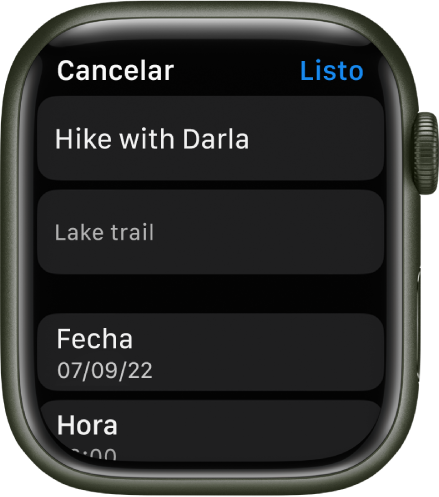 La pantalla Edición en la app Recordatorios en el Apple Watch. El nombre del recordatorio está en la parte superior con una descripción abajo. En la parte inferior está la fecha y el horario en que está programado aparecer el recordatorio. Hay un botón Listo en la esquina superior derecha.