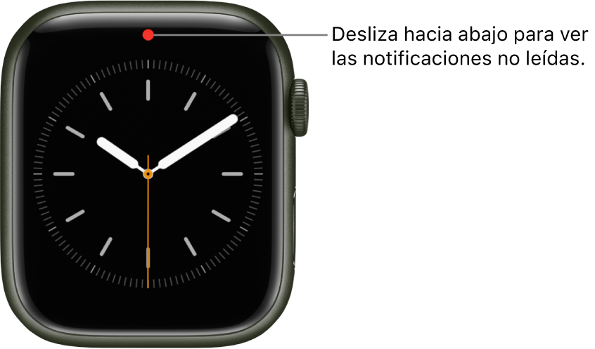 Cuando tienes una notificación sin leer, aparece un punto rojo en la parte superior central de la carátula.