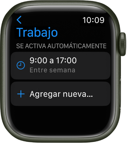 La pantalla del enfoque Trabajo muestra un horario de 9 a. m. a 5 p. m. en días laborables. El botón Agregar nuevo está debajo.