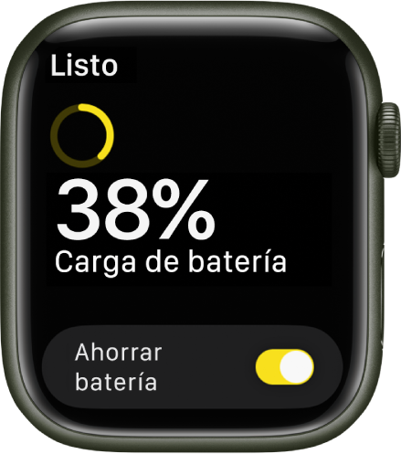 La pantalla del modo Ahorrar batería muestra un anillo amarillo parcial que indica el nivel de batería restante, las palabras 38 por ciento de batería restante y el botón del modo Ahorrar batería en la parte inferior.