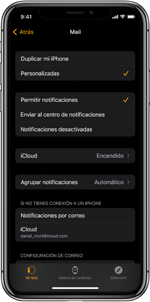 Configuración de Mail en la app Apple Watch mostrando la configuración de las notificaciones y las cuentas de correo.