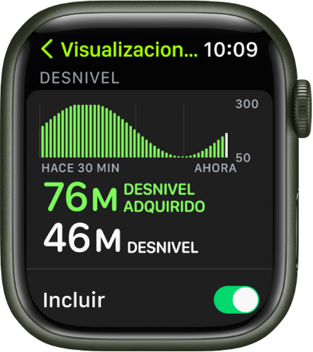 La pantalla de Visualizaciones de entrenamiento que muestra la estadística Desnivel. Cerca de la parte superior hay un gráfico que muestra los aumentos y disminuciones en el desnivel a lo largo del tiempo. Debajo está la cantidad de desnivel adquirido y el desnivel actual. En la parte inferior está el botón Incluir.