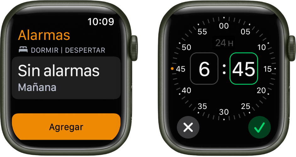 Dos pantallas de relojes mostrando el proceso para agregar una alarma: Toca Agregar alarma, selecciona a.m. o p.m., gira la corona Digital Crown para ajustar la hora y toca el botón Establecer.