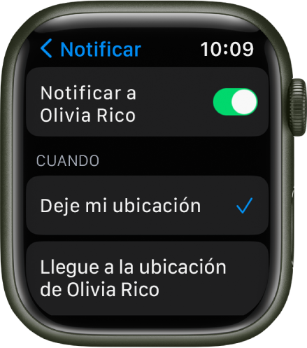 La pantalla Notificar de la app Encontrar Personas. La opción Al salir de mi ubicación está seleccionada.