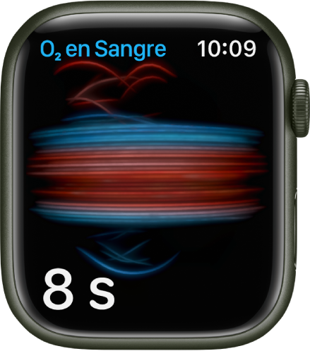 La pantalla Oxígeno en Sangre tomando una medida; contando de 8 a 0.