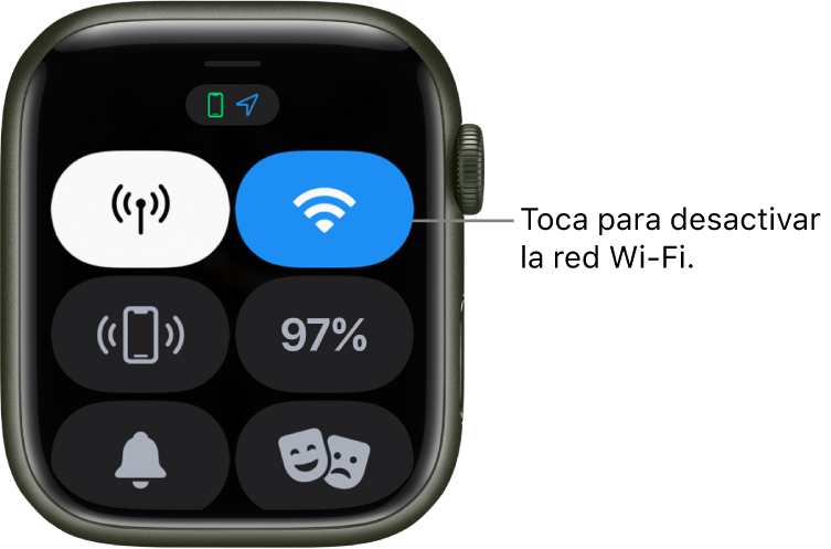 Centro de control del Apple Watch (GPS + Cellular) con el botón de Wi-Fi en la parte superior. El texto dice Toca para desactivar la red Wi-Fi.