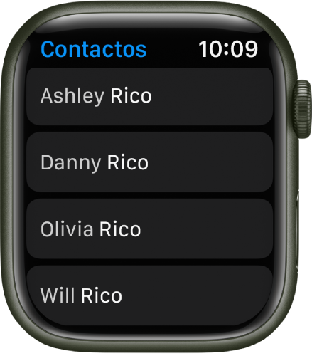 Una lista de contactos en la app Contactos.