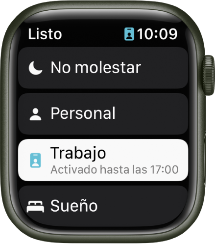 La lista Enfoques muestra No molestar, Personal, Trabajo y Sueño. El enfoque Trabajo está activado.