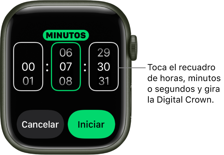 Configuración para crear un temporizador personalizado, con las horas en la izquierda, los minutos en el centro y los segundos en la derecha. Los botones Iniciar y Cancelar se encuentran debajo.