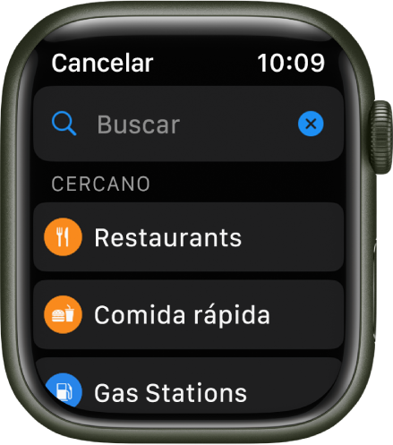 La pantalla Buscar de la app Mapas mostrando el campo de búsqueda en la parte superior. Debajo de Cerca hay botones para vacunas contra COVID-19, restaurantes y comida rápida.