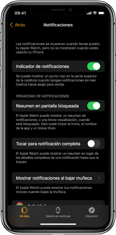 La pantalla Notificaciones en la app Apple Watch en el iPhone mostrando fuentes de notificaciones.