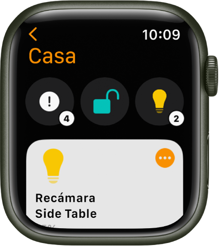 La app Casa muestra los íconos de estado en la parte superior y un accesorio en la parte inferior.