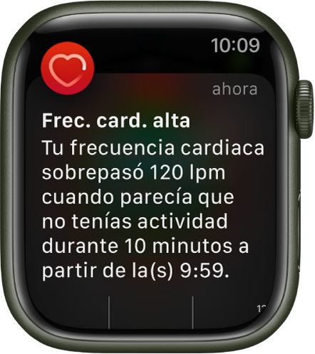 Alerta de Frecuencia Cardiaca indicando una frecuencia elevada.