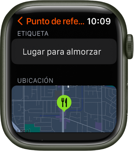 La app Brújula muestra una pantalla que permite la edición de un punto de referencia. El campo Etiqueta está en la parte superior. Debajo está el área Ubicación que muestra la ubicación del punto de referencia en un mapa. El símbolo de un comedor se aplicó al punto de referencia