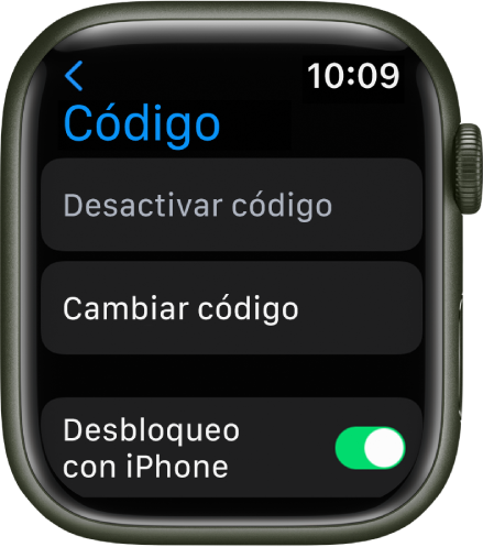 Configuración del código en el Apple Watch, con el botón Desactivar código en la parte superior, el botón Cambiar código debajo y el interruptor Desbloqueo con iPhone en la parte inferior.
