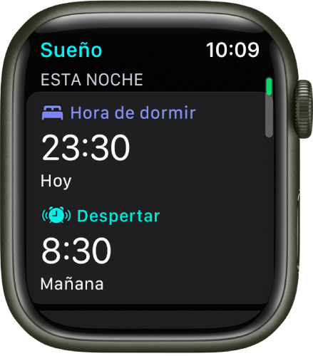 La pantalla de Sueño muestra un horario de sueño.