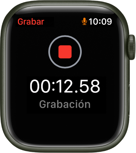 Pantalla de la app Notas de Voz mientras se graba una nota. Hay un botón rojo Detener cerca de la parte superior. En la parte inferior se muestra el tiempo transcurrido con la palabra Registrando.