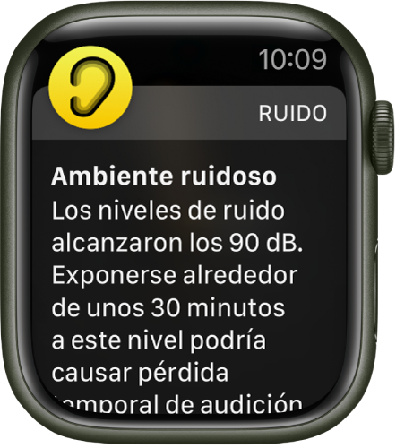 Apple Watch mostrando una notificación de ruido. El ícono de la app asociada con la notificación aparece en la esquina superior izquierda. Puedes tocarlo para abrir la app.