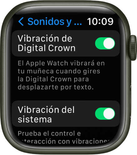 La pantalla Vibración de Digital Crown mostrando la vibración de la Digital Crown activada. Debajo se encuentra el botón Vibración del sistema.