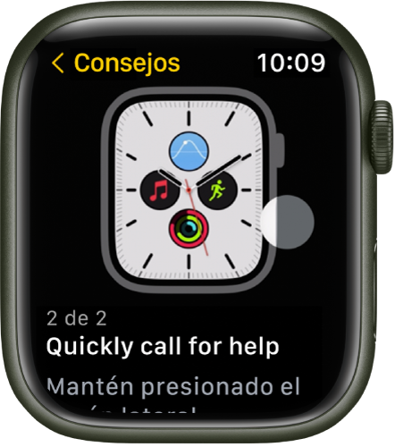 La app Consejos mostrando un consejo para el Apple Watch.
