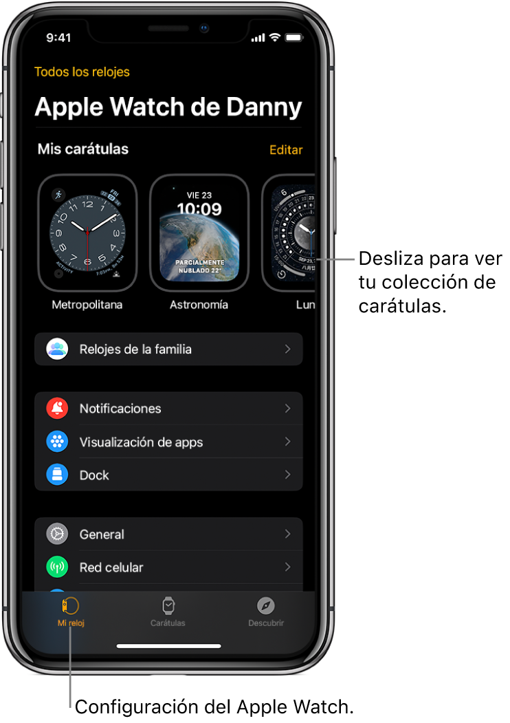 La app Apple Watch del iPhone abierta en la pantalla Mi Reloj, que muestra tus carátulas cerca de la parte superior y la configuración abajo. Hay tres pestañas en la parte inferior de la pantalla de la app Apple Watch: la izquierda es Mi reloj, donde está la configuración del Apple Watch; luego está la Galería de carátulas, donde puedes explorar las carátulas y complicaciones disponibles; y la última es Descubrir, donde puedes obtener más información sobre el Apple Watch.