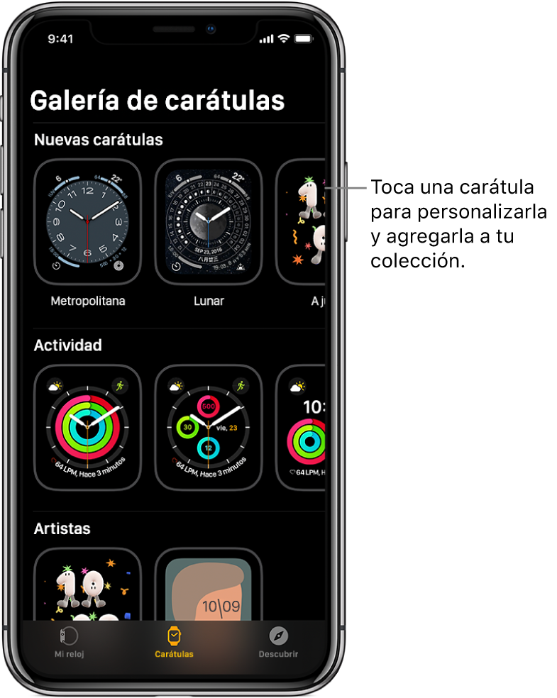 La galería de carátulas se muestra en la app Apple Watch. La fila superior muestra las carátulas nuevas, las siguientes filas muestran las carátulas agrupadas por tipo: Actividad y Artista, por ejemplo. Puedes desplazarte para ver más carátulas agrupadas por tipo.