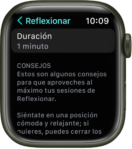 La pantalla de la app Atención Plena muestra una duración de un minuto en la parte superior. Debajo hay consejos que te ayudan a mejorar una sesión de Reflexionar.